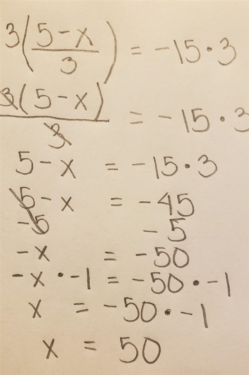 Solve for x, 5-x/3=-15-example-1