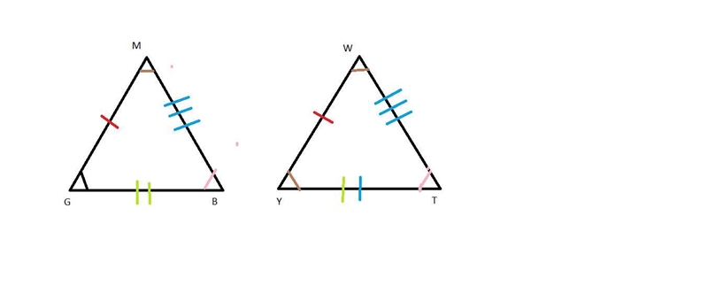 Name the congruent angles and sides for the pair of congruent triangles MGB WYT-example-1