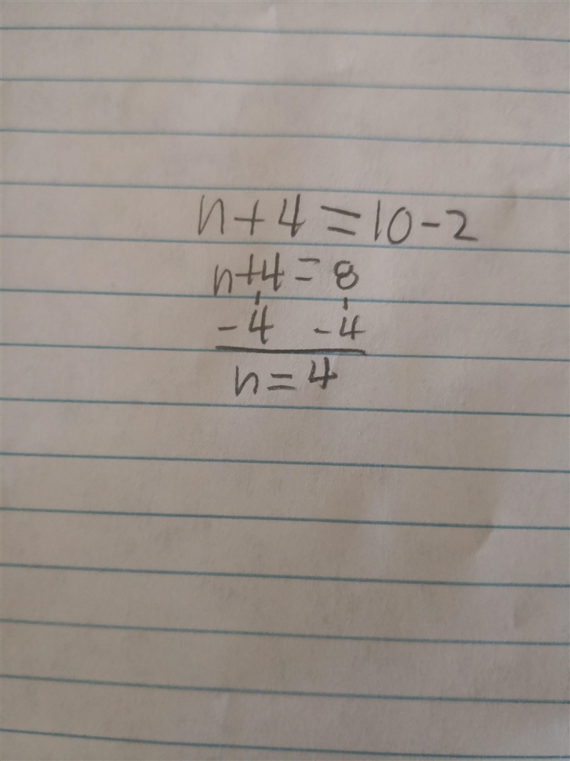 The sum of an integer n and four is equal to the difference of ten and two.What is-example-1