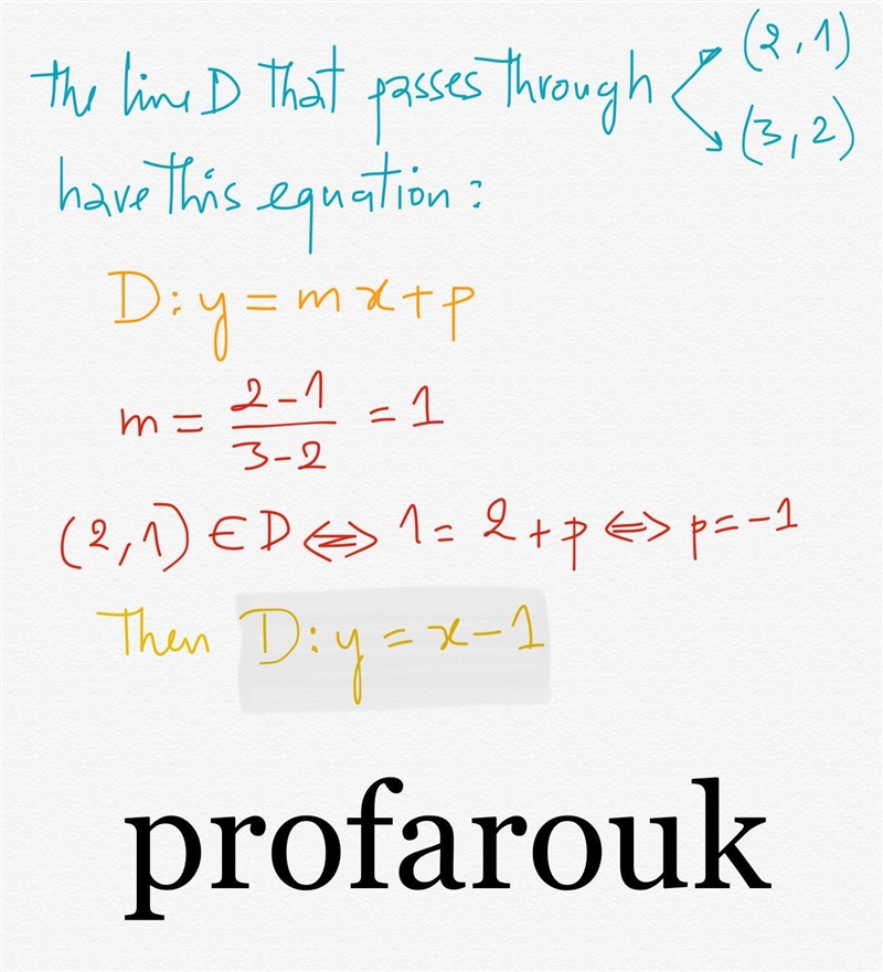 What is the equation of a line that passes through points (2, 1) and (3, 2)?-example-1