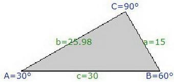 Solve the right triangle given that A=30 degrees, C=90 degrees and a =15-example-1