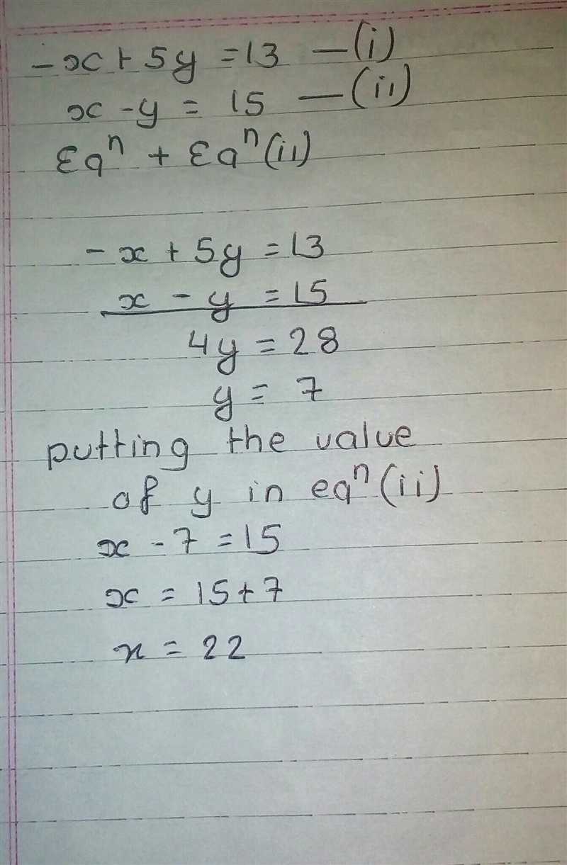 Solve the system using elimination -x+5y=13 x-y=15-example-1