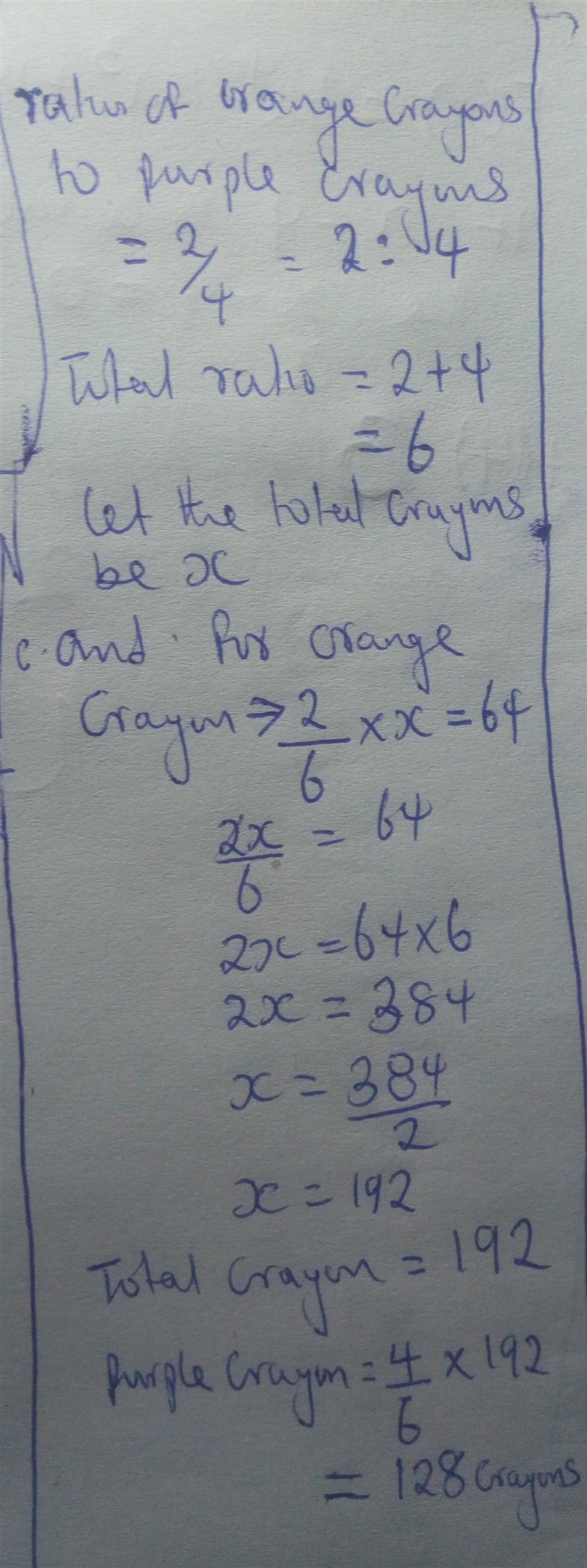 The ratio of orange crayons to purple crayons is 2/4if there are 64 orange crayons-example-1