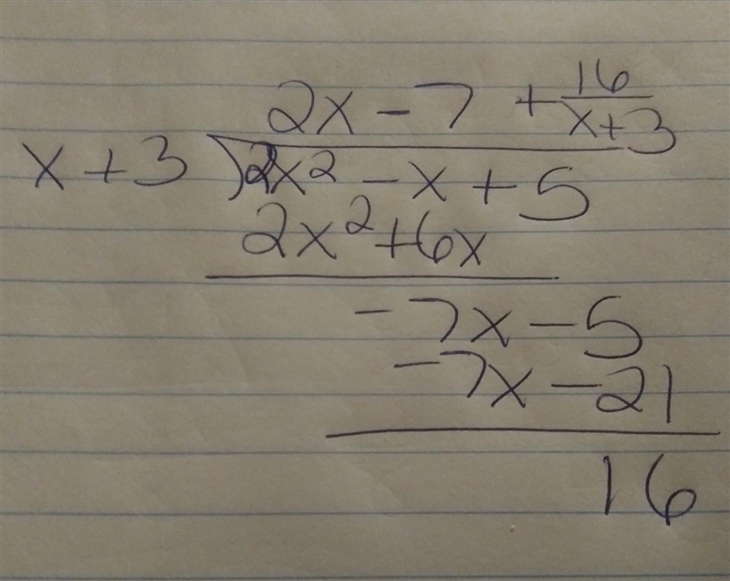 What is 2x^2-x+5 Divided by x+3 Using long division-example-1