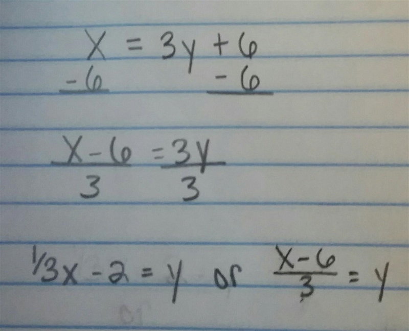 I need to get y by itself. X=3y+6. I need the answer and thorough steps on how to-example-1