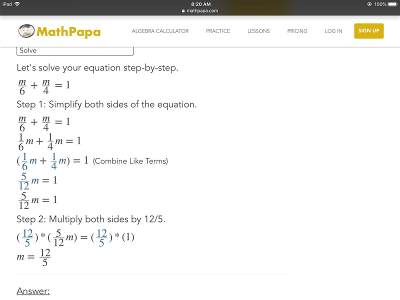 Solve the equation m/6 + m/4 = 1 for m.-example-1