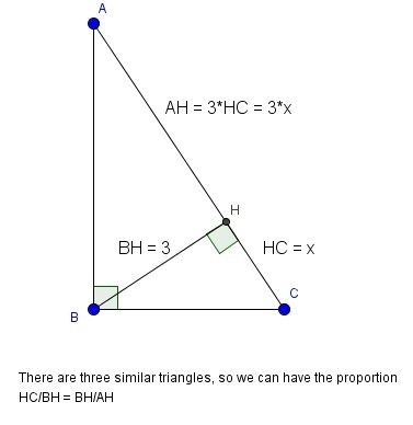 In triangle △ABC, ∠ABC=90°, BH = altitude BH=3 and AH=3HC, find HC. PLEASE HELP, I-example-1