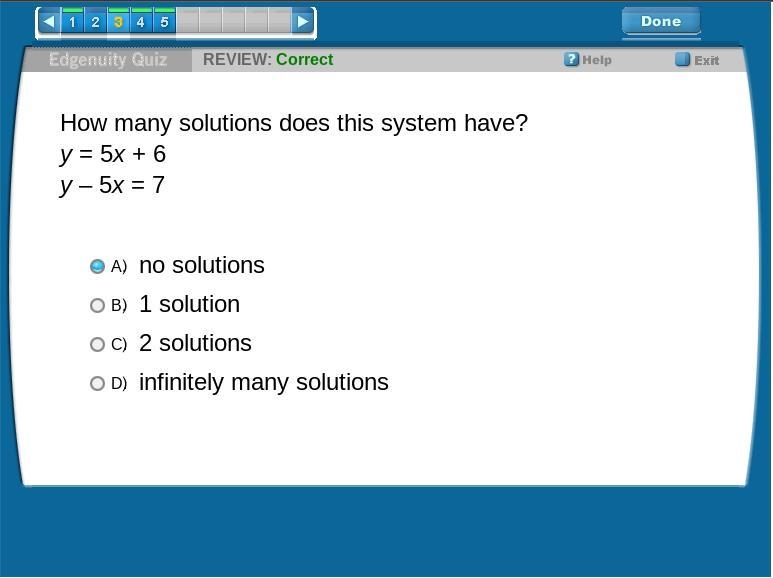 How many solutions does this system have ? y=5x+6 y-5x=7 a) no solutions b) 1 solution-example-1