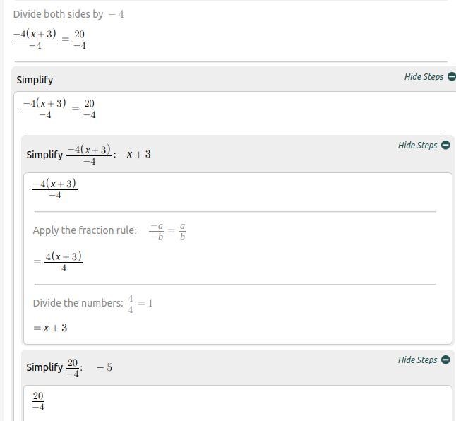 Solve for x. - 4(x + 3) = 20-example-1