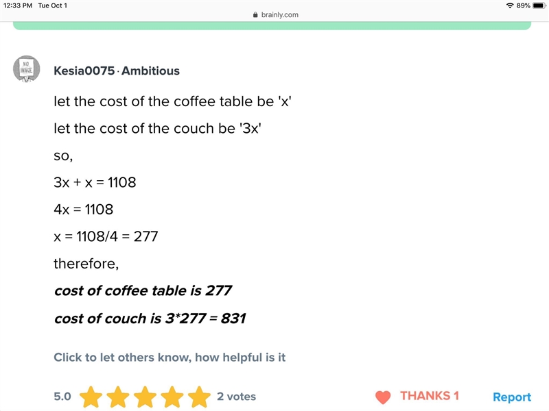 A couch and coffee table cost a total of 1108. The cost of the couch is three times-example-1