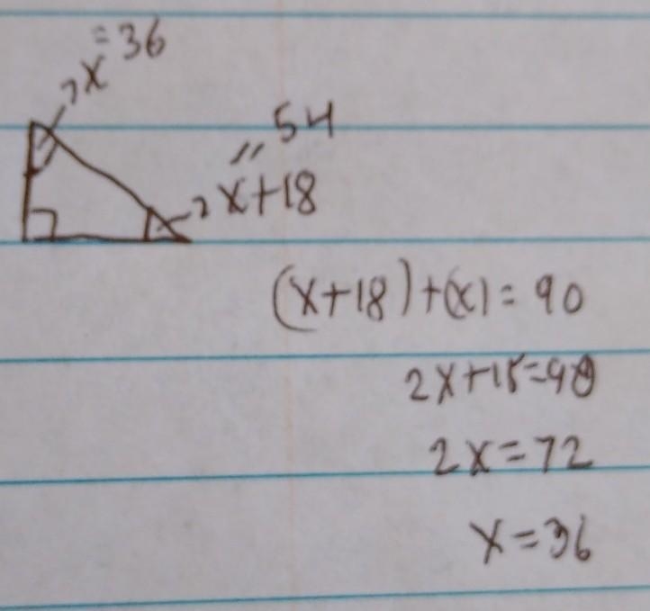 The measure of one angle of a right triangle is 18 degrees more than the measure of-example-1