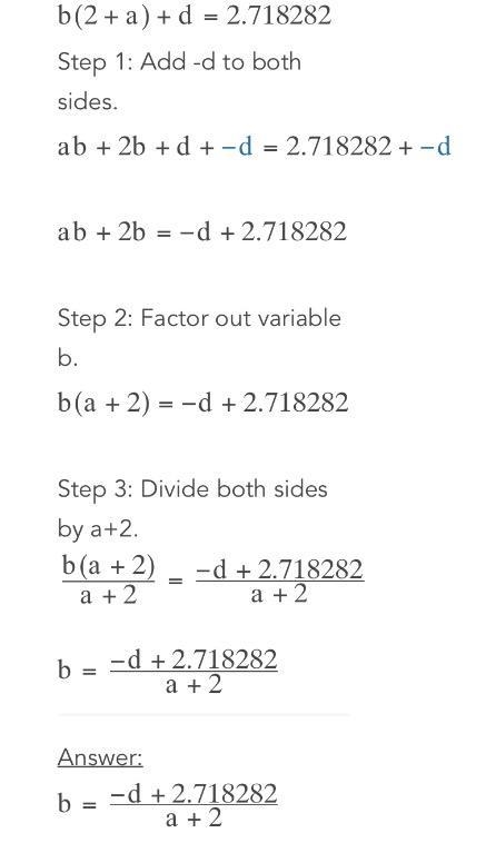 Solve b(2+a)+d=e for b-example-1