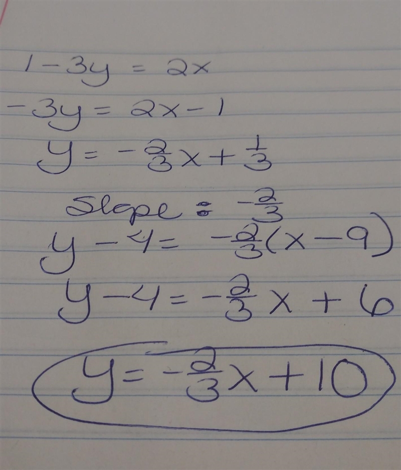 Write the equation of the line that it is parallel to 2x = 1 - 3y and passes through-example-1