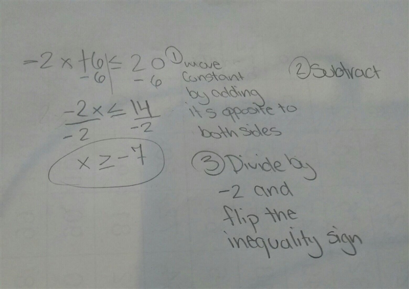 Solve for x. -2x + 6 ≤ 20 Please include steps.-example-1