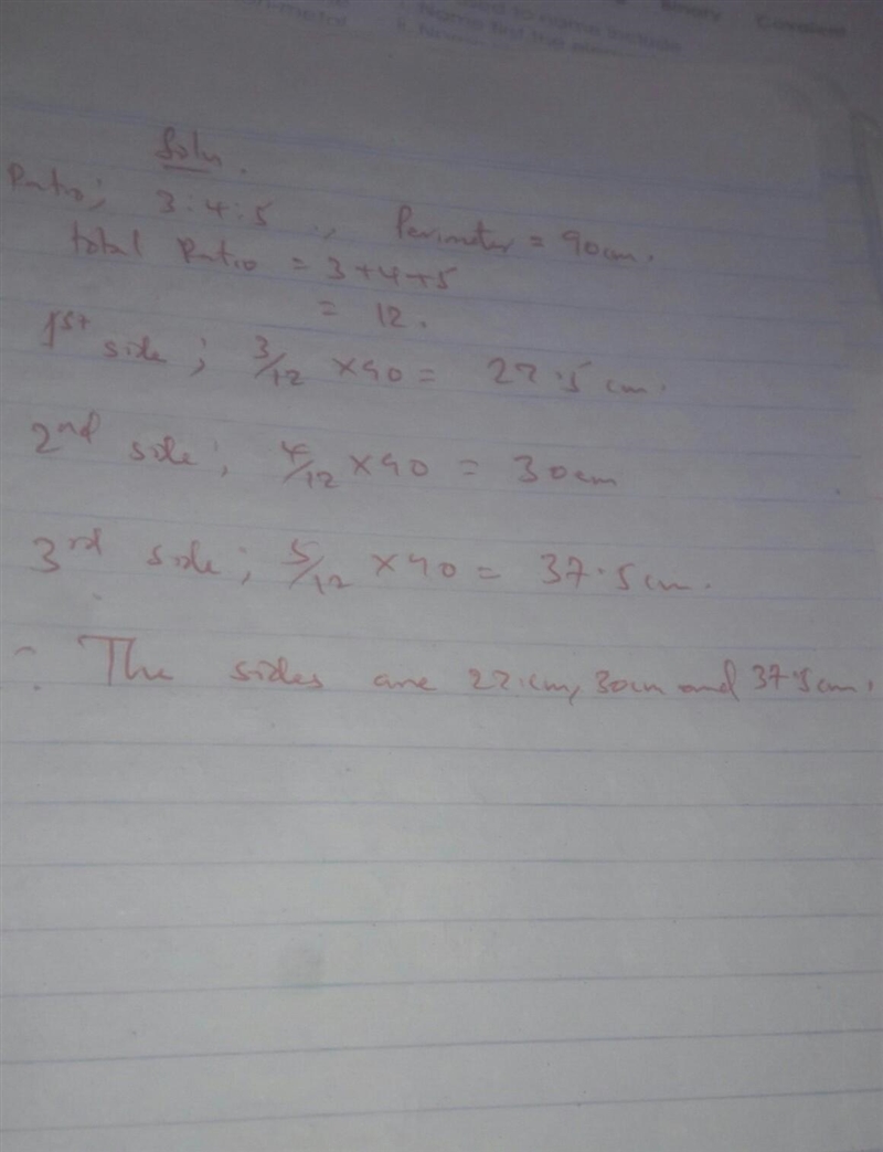 The sides of a triangle are in the ratio 3:4:5. What is the length of each side if-example-1