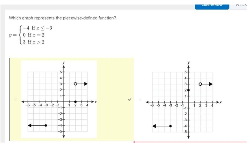 Which graph represents the piecewise-defined function? y=⎧⎩⎨⎪⎪−4   if  x≤−30   if-example-1