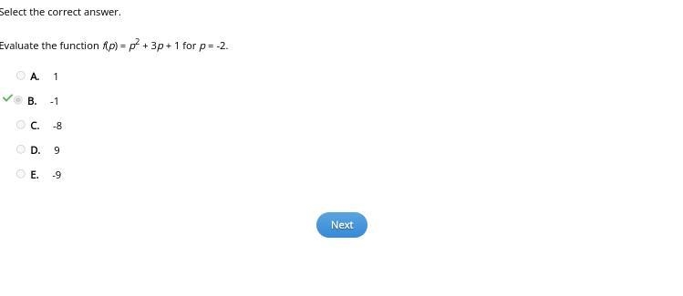 Select the correct answer. Evaluate the function f(p) = p2 + 3p + 1 for p = -2. A-example-1