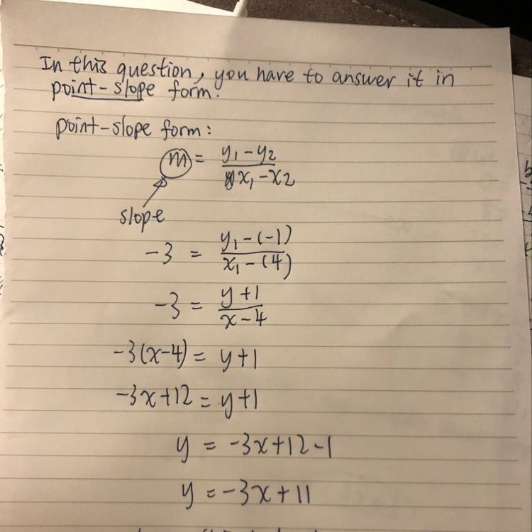 Passes through (4, -1), slope = -3-example-1