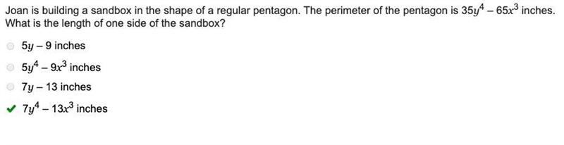 Joan is building a sandbox in the shape of a regular pentagon. The perimeter of the-example-1