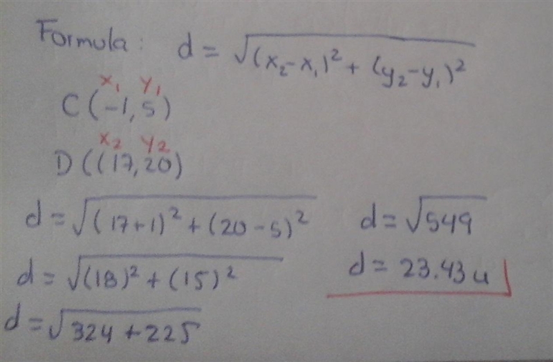 What is the distance between C(-1,5) and D17, 20) I need the answer-example-1