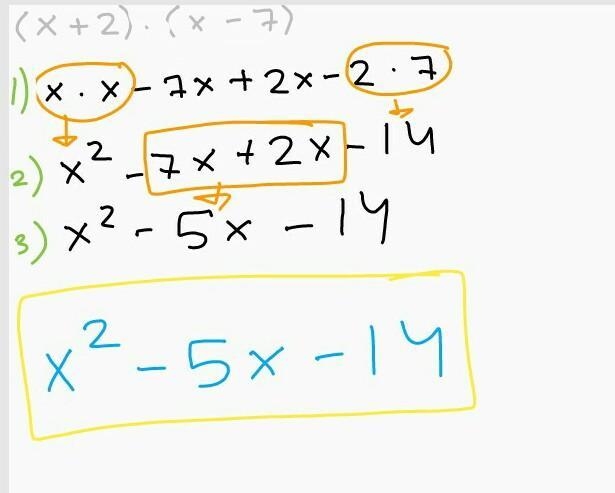 What is the product of x+2 and x-7? Write your answer in standard form. FOIL method-example-1