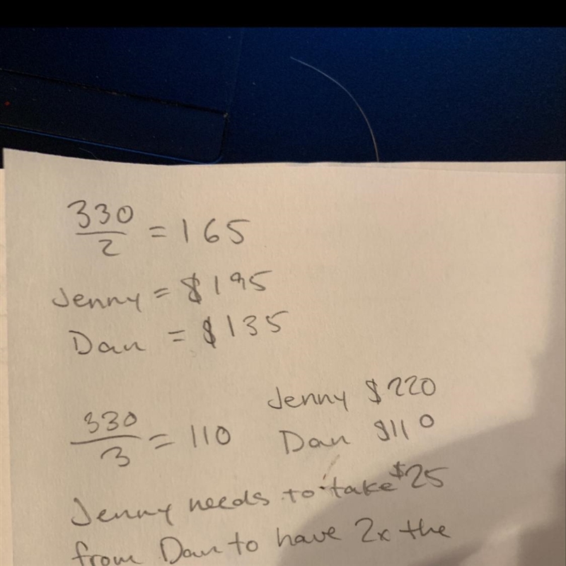 Jenny and Dan have $330 altogether. Jenny has $60 more than Dan. How much should Jenny-example-1