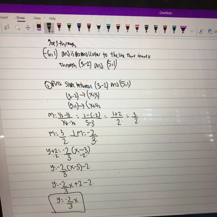 Write the equation of a line that travels through (6,-1) that is perpendicular to-example-1