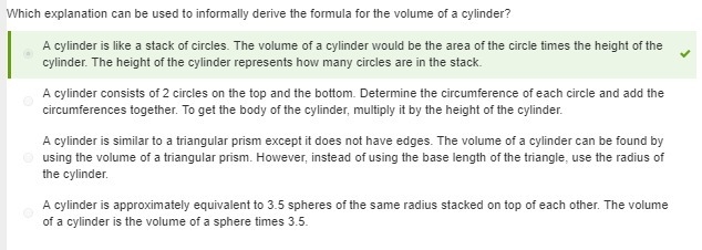 Which explanation can be used to informally derive the formula for the volume of a-example-1