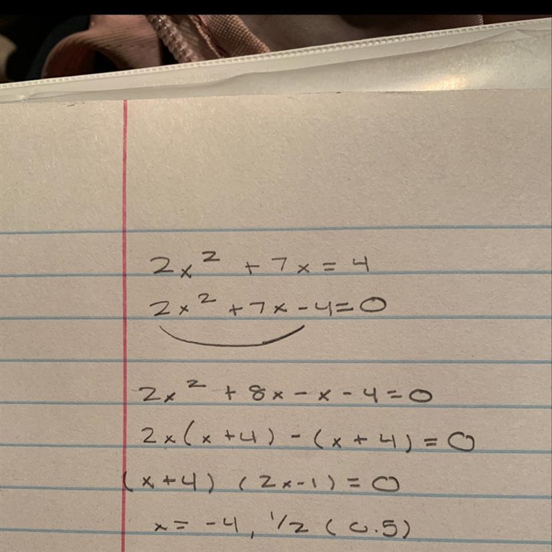 What are the solutions to 2x squared +7x=4​-example-1