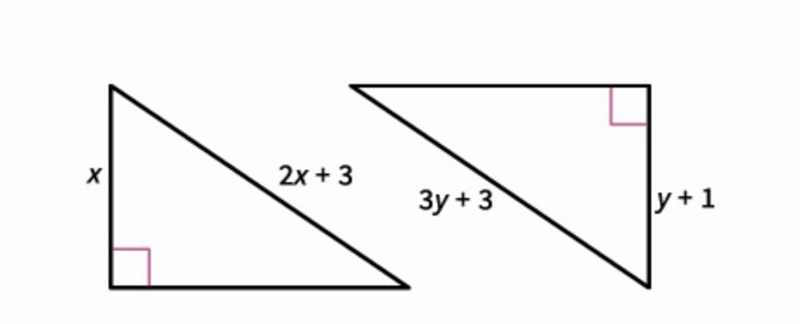 find the values of x and y that make these triangles congruent by the hl theorem x-example-1