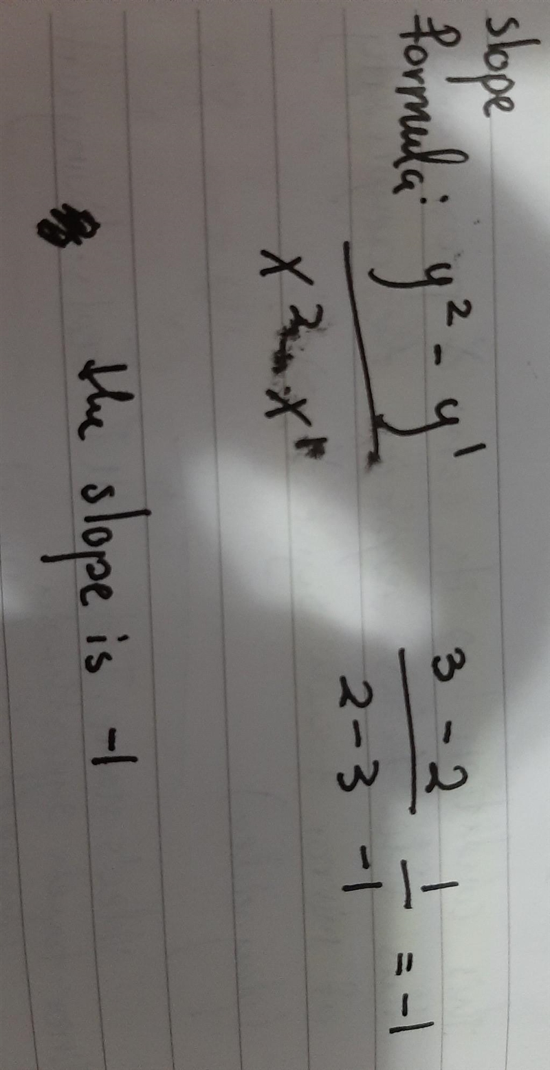 Find the slope of line passing through the points (3,2) and (2,3) Use slope formulation-example-1