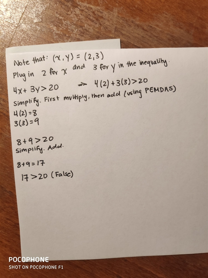 Does the point (2,3) satisfy the inequality 4x+3y> 20-example-1