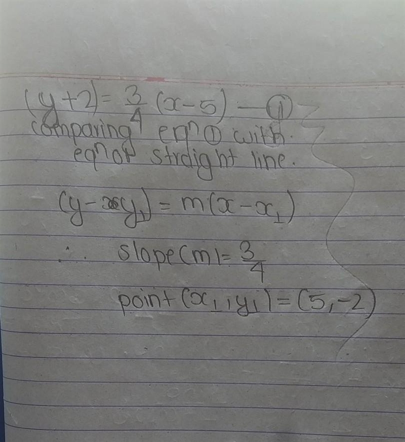 Find the line's slope and a point on the line. y + 2 = 3/4(x - 5)-example-1