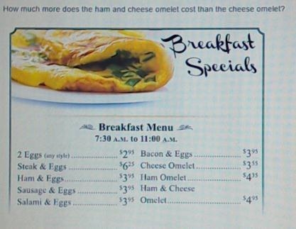 - HAM & CHEESE How much more does the ham and cheese omelet cost than the cheese-example-1