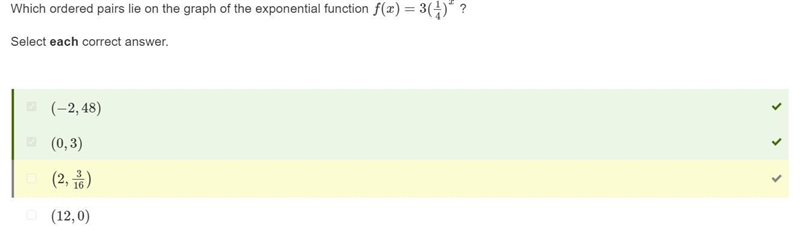 Which ordered pairs lie on the graph of the exponential function f(x)=3(14)x ?-example-1