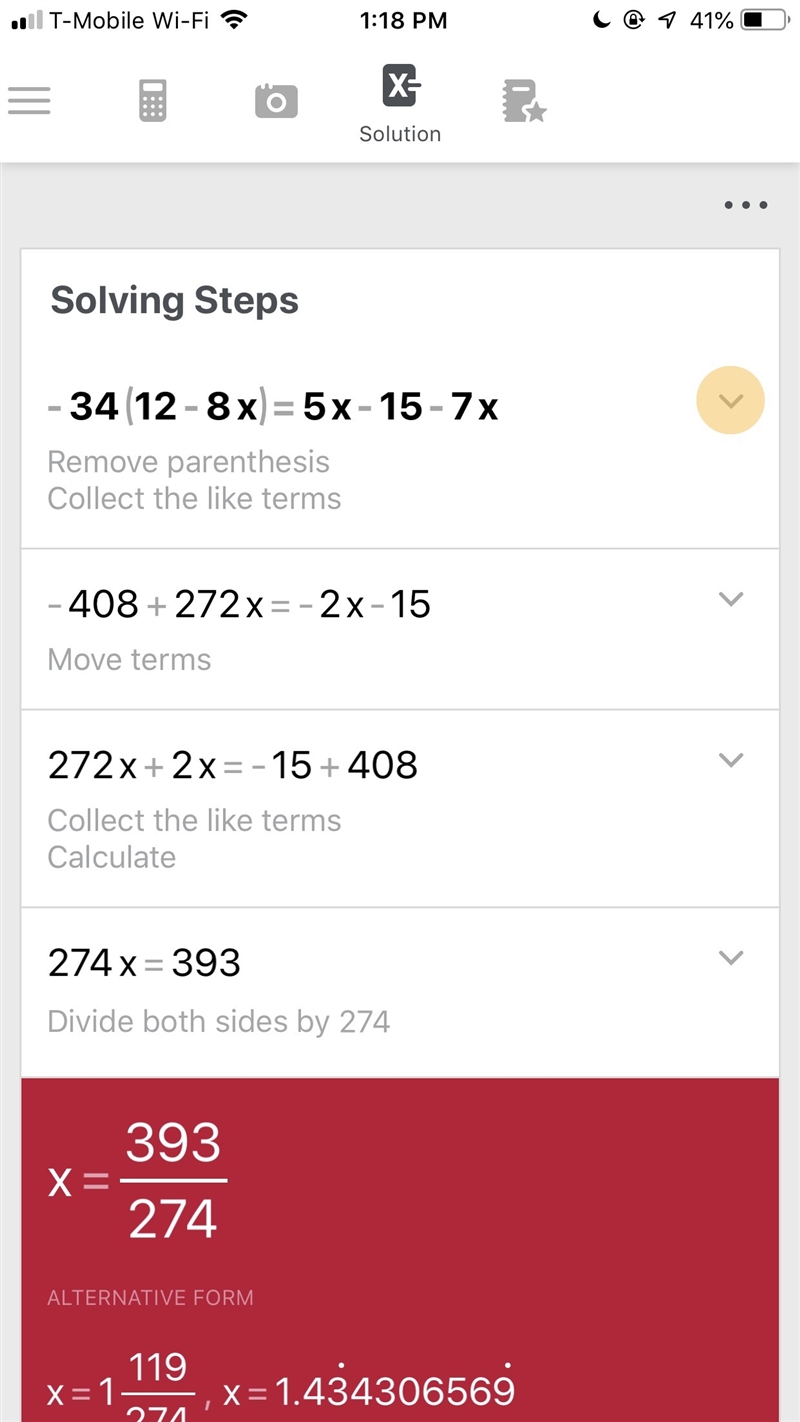 What is the value of x? −34(12−8x)=5x+15−7x-example-1