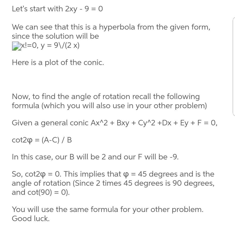 Identify the graph of the equation. What is the angle of rotation for the equation-example-1