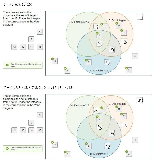 the universal set in this diagram is the set of integers from 1 to 15 place integers-example-3