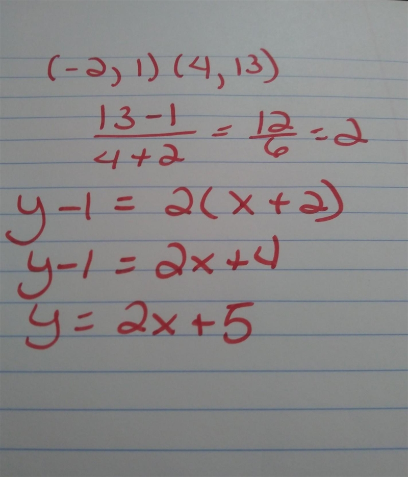 What is the equation in slope-point form of the line passing through (-2,1) and (4,13) A-example-1