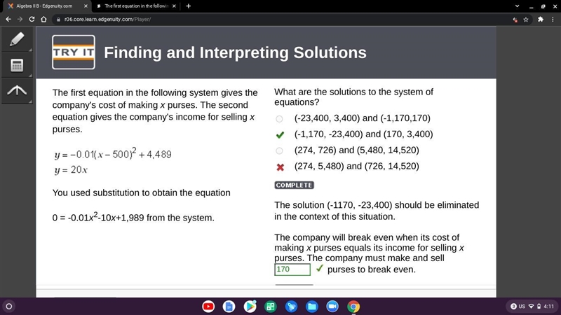 The first equation in the following system gives the company's cost of making x purses-example-1