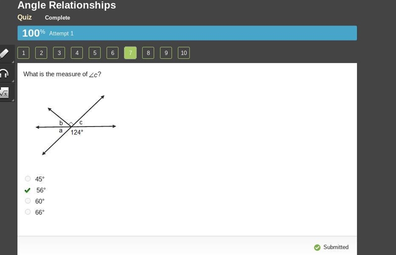 What is the measure of < c 45° 56° 60° 66°-example-1