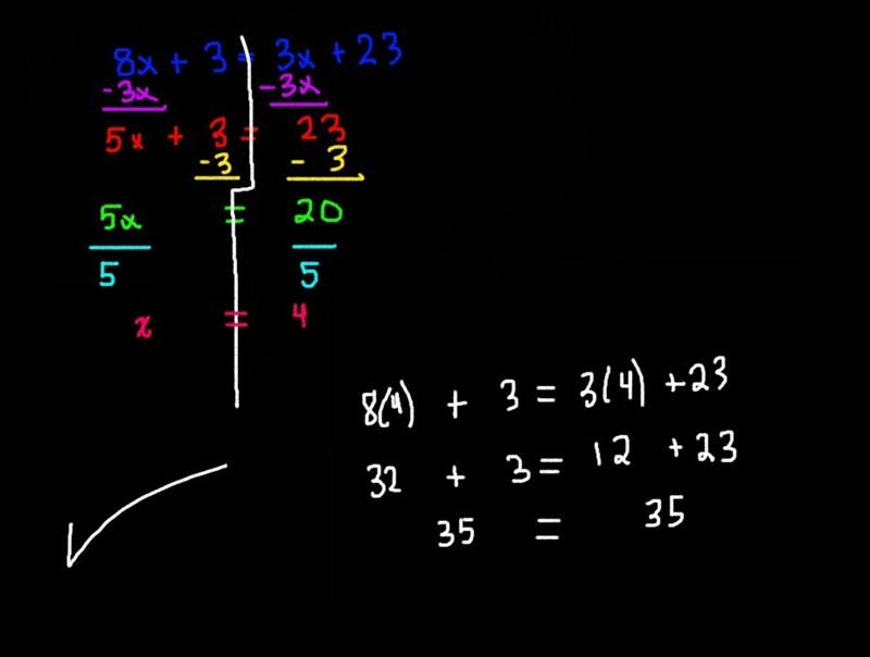 What is 8x + 3 = 3x + 23-example-1