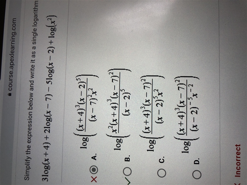 Simplify the expression below and write it as a single logarithm: 3log(x + 4) – 2log-example-1