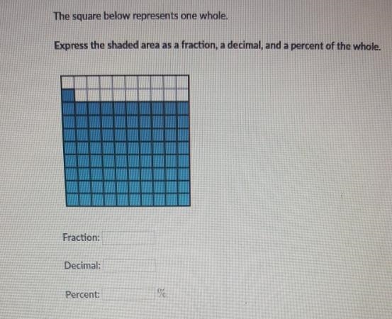 The square below represents one whole. Express the shaded area as a fraction, a decimal-example-1