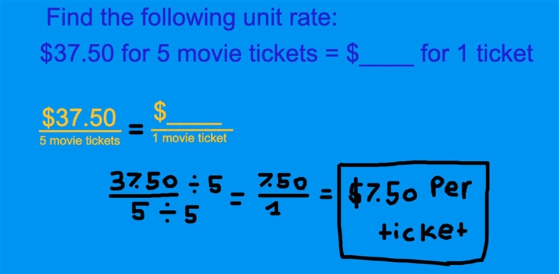 James paid $37.50 for 5 movie tickets. What is the unit rate representing the cost-example-1