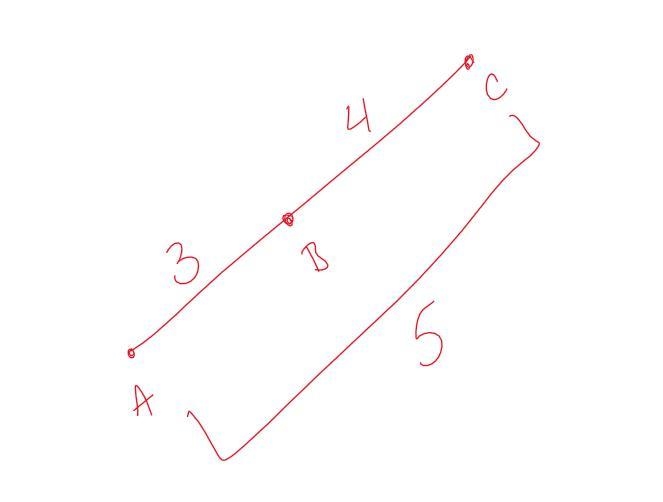 Do points A, B, C lie on the same line, if AB = 3 cm, BC = 4 cm, AC = 5 cm?-example-1