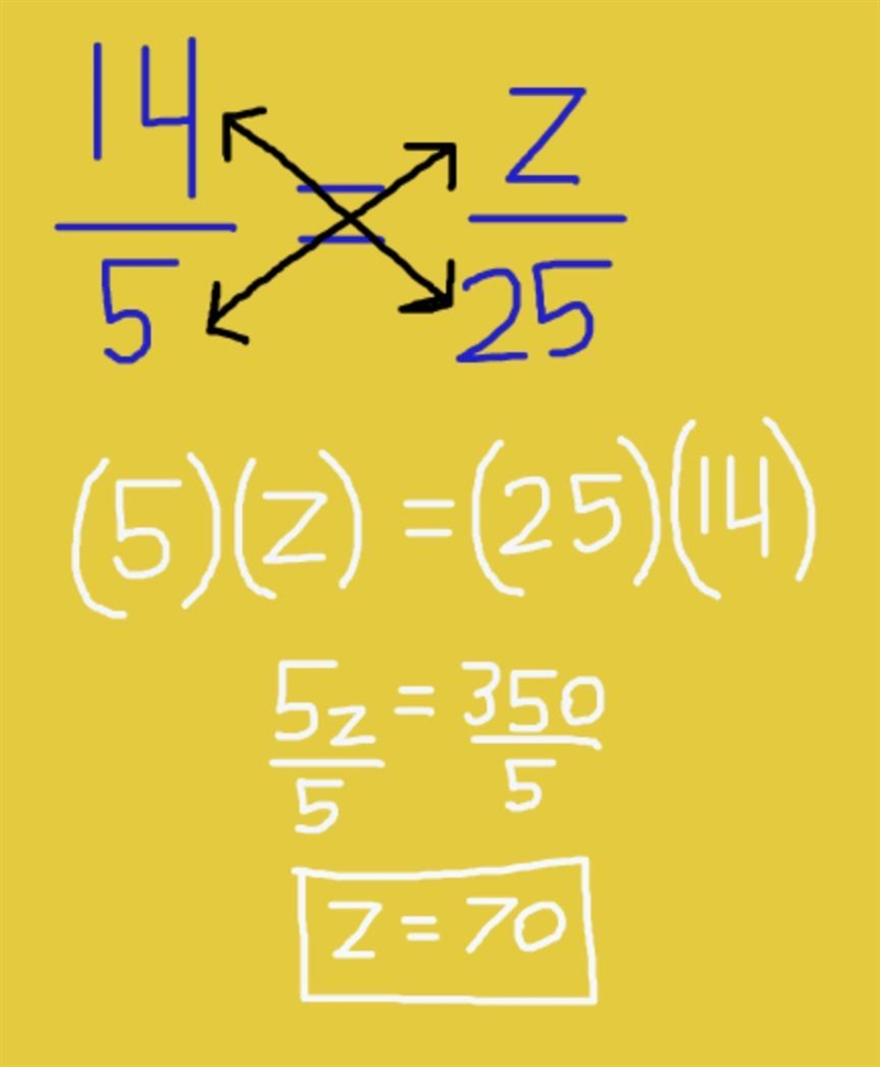 Solve for the value of z: 14/5 = z/25-example-1