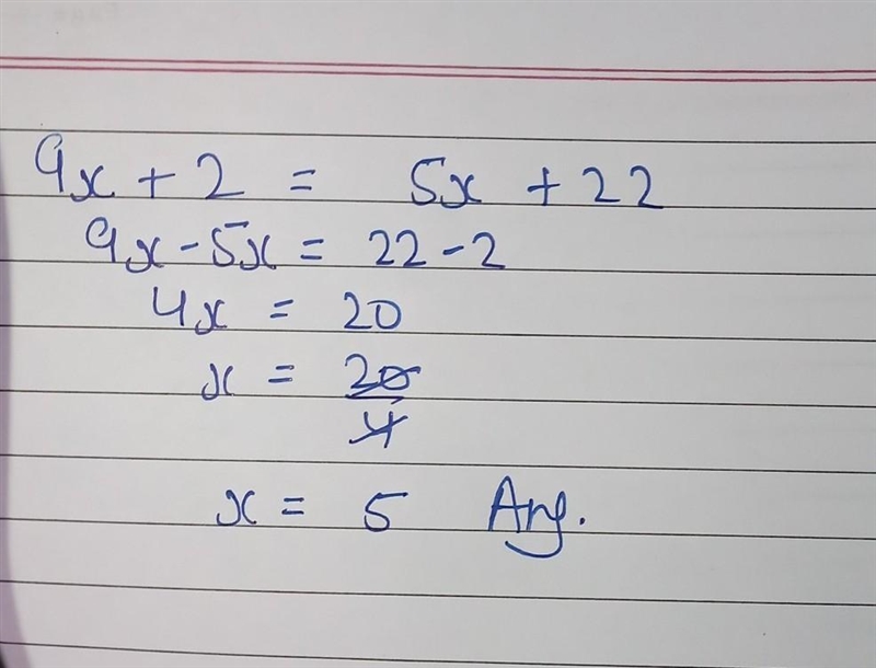 Solve for x. 9x + 2 = 5x + 22-example-1