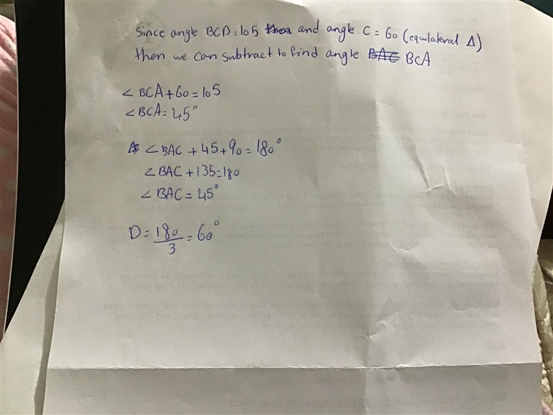 Fill in the measure of angles E, D, BAC and ACB given that angle BCD = 105 degrees-example-1