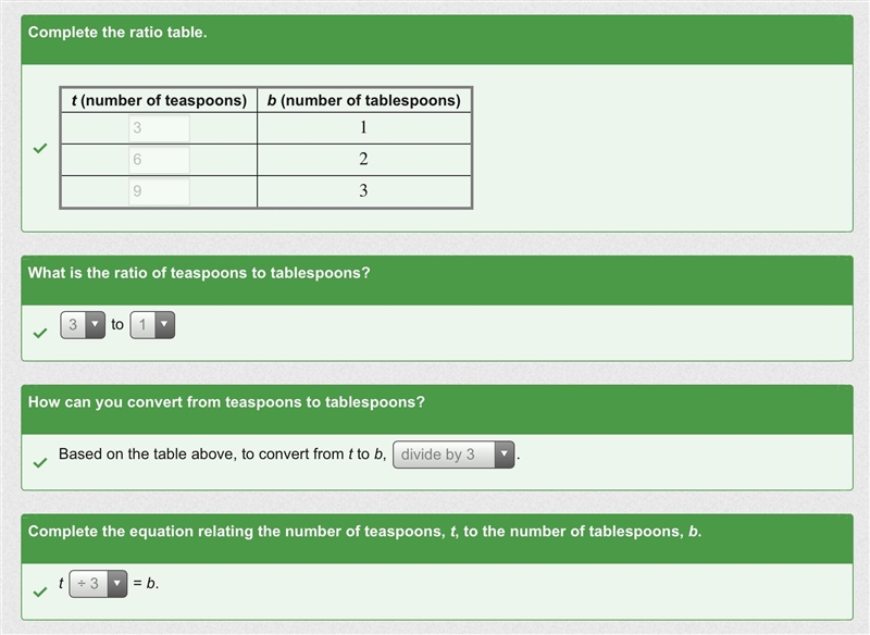 Use the drop down menus to describe the relationship between the number of teaspoons-example-1